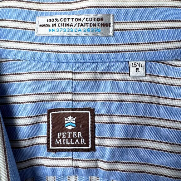 Peter Millar Dress Shirt Men 15.5R Blue Ivory Stripe Cotton Long Sleeve Classic - Picture 5 of 11